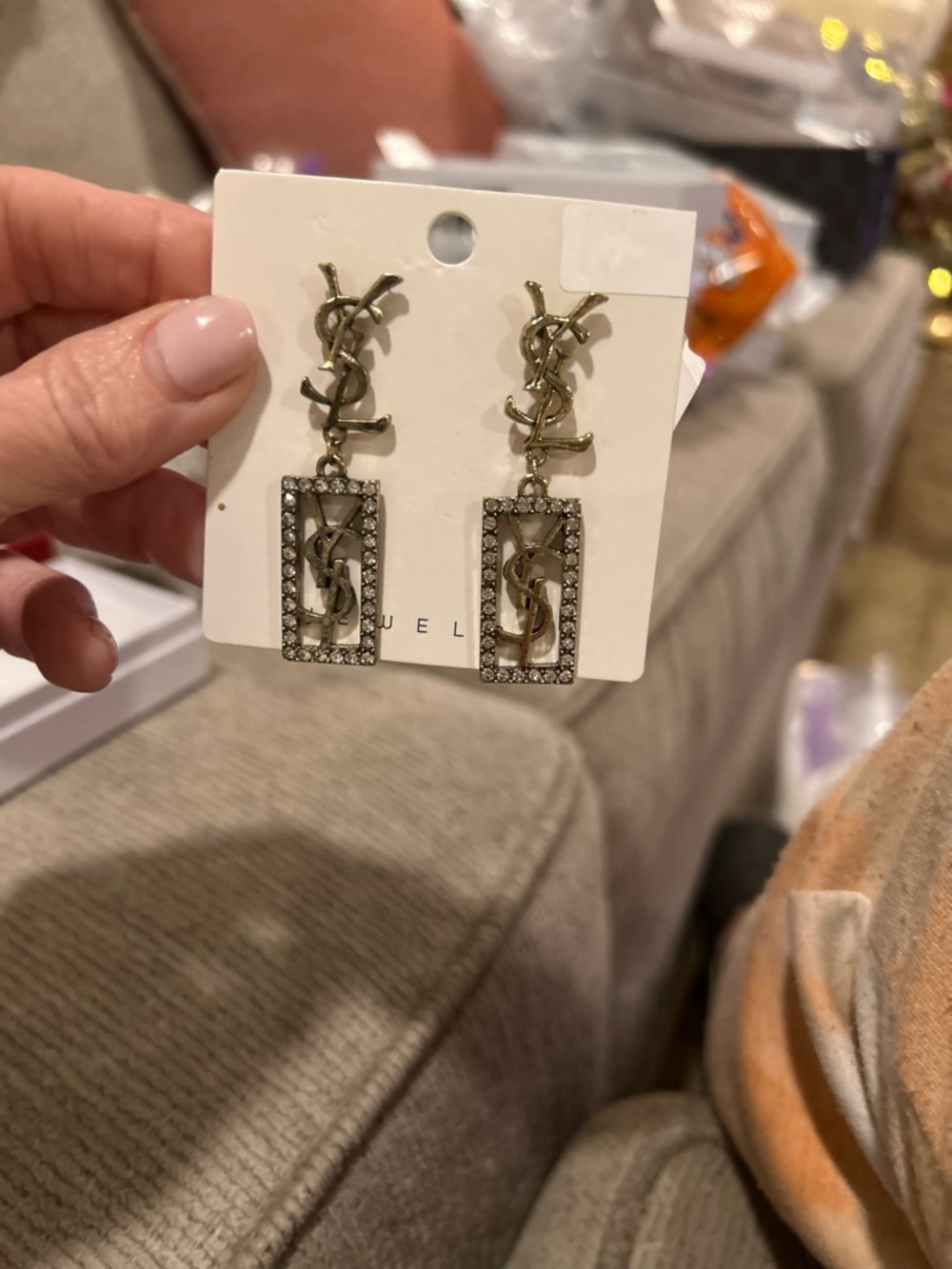 Fashion Jewelry Gold-tone Logo Drop Earrings with Clear Crystals - Picture 7 of 9